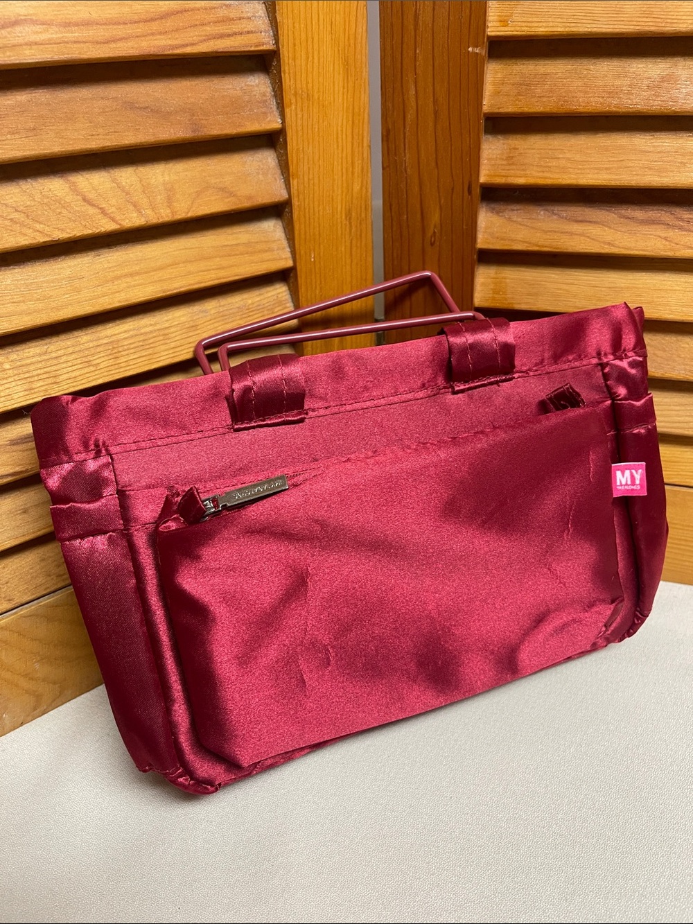 Satin Burgundy Tote Organizer Insert with Exterior Pocket